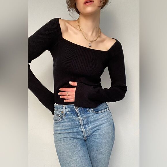 Frame NWT Silk Blend Bell Sleeve Square Neck Rib Knit Fitted Black S MSRP $278 - Picture 7 of 8